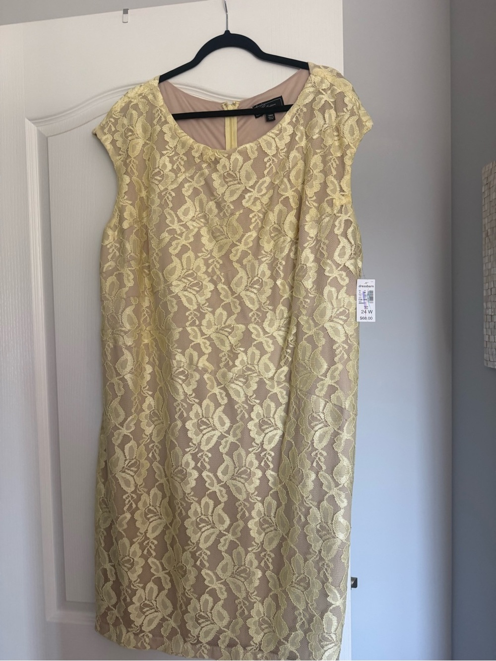 dressbarn Yellow Lace Sheath Dress with Nude Underlay